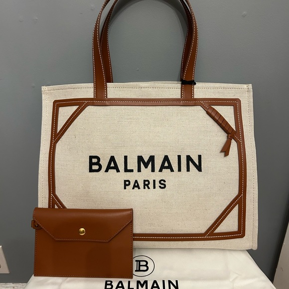BALMAIN B-Army 42 Canvas Tote Bag With Leather Details - Picture 2 of 11